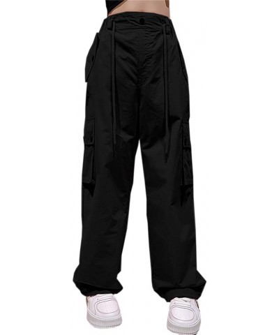 Girls Womens Y2k Cargo Pants Casual Elastic Waist Multi Pocket Straight Wide Leg Trousers 8black $22.19 Pants