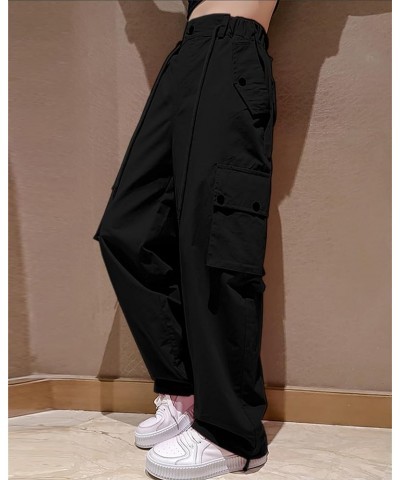 Girls Womens Y2k Cargo Pants Casual Elastic Waist Multi Pocket Straight Wide Leg Trousers 8black $22.19 Pants