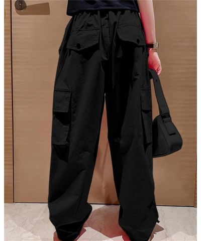 Girls Womens Y2k Cargo Pants Casual Elastic Waist Multi Pocket Straight Wide Leg Trousers 8black $22.19 Pants