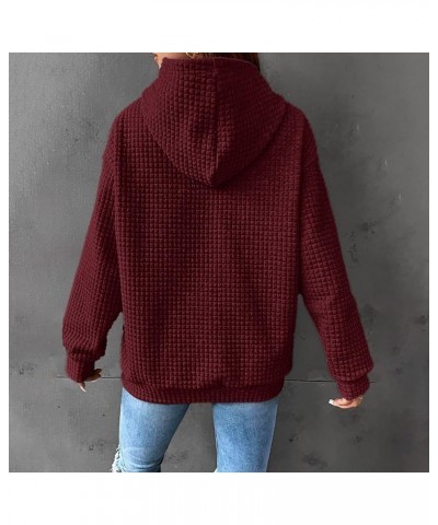 Women's Long Sleeve Hooded Sweatshirt Waffle Textured Drop Shoulder Drawstring Casual Pullover Winter Sweatshirt Red-1 $15.19...