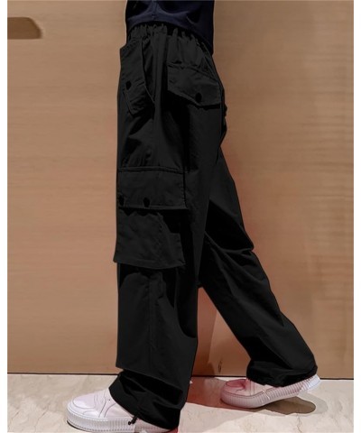 Girls Womens Y2k Cargo Pants Casual Elastic Waist Multi Pocket Straight Wide Leg Trousers 8black $22.19 Pants