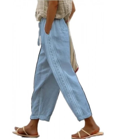 Women's White Cotton Linen Pants Elastic High Waisted Lace Patchwork Comfy Loose Summer Beach Pants with Pockets Blue $13.33 ...