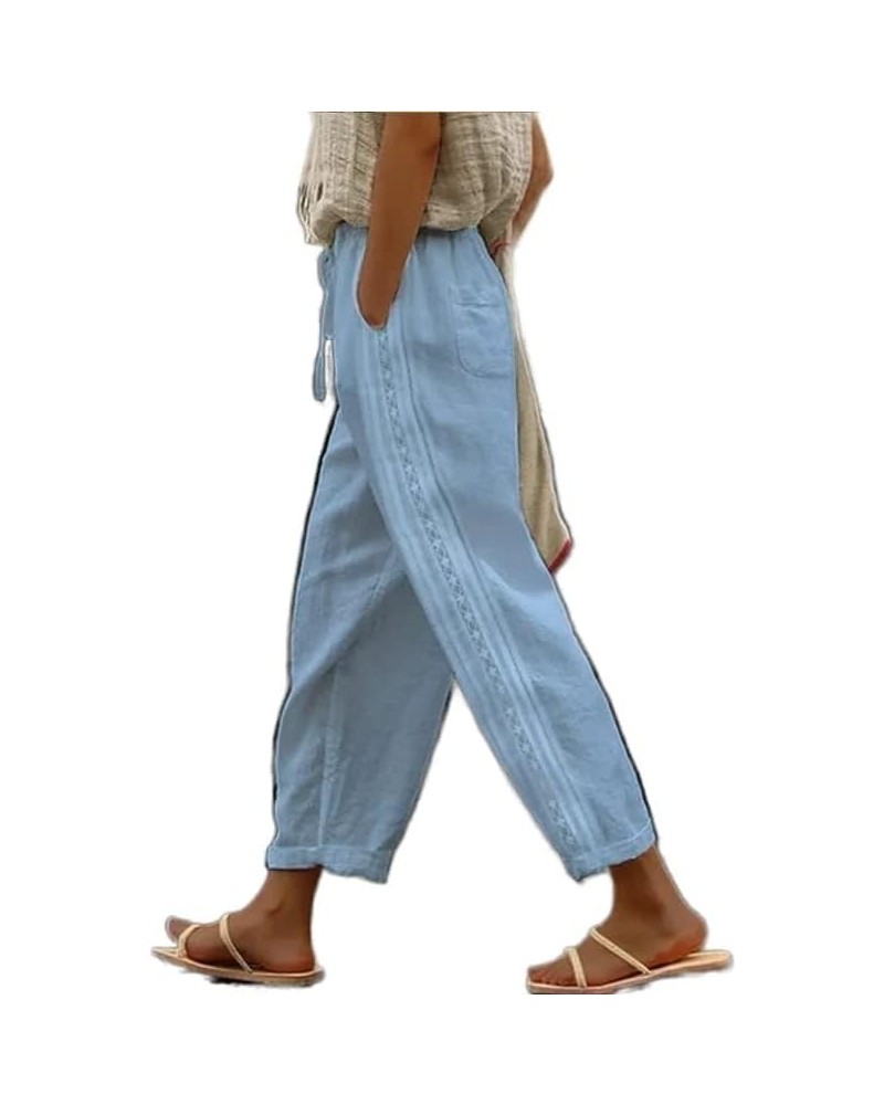 Women's White Cotton Linen Pants Elastic High Waisted Lace Patchwork Comfy Loose Summer Beach Pants with Pockets Blue $13.33 ...