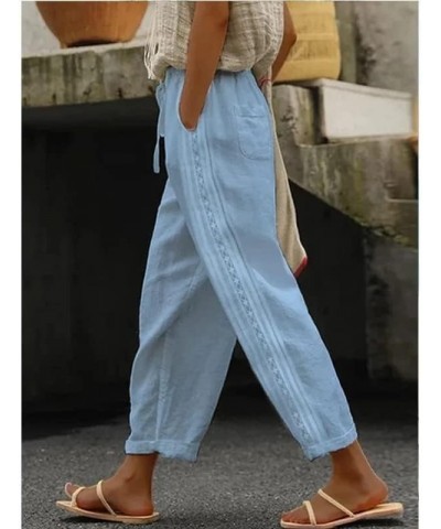 Women's White Cotton Linen Pants Elastic High Waisted Lace Patchwork Comfy Loose Summer Beach Pants with Pockets Blue $13.33 ...