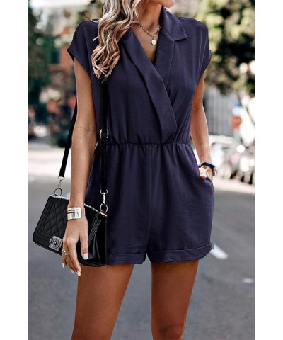 Women's Romper Dressy Casual Summer Wrap V Neck Short Sleeve Wide Leg Shorts One Piece Jumpsuits Navy $17.39 Jumpsuits