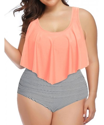 Two Piece Plus Size Swimsuit for Women High Waisted Bathing Suit Tummy Control Tankini Top Bikini Bottom Pink Stripe $16.06 S...