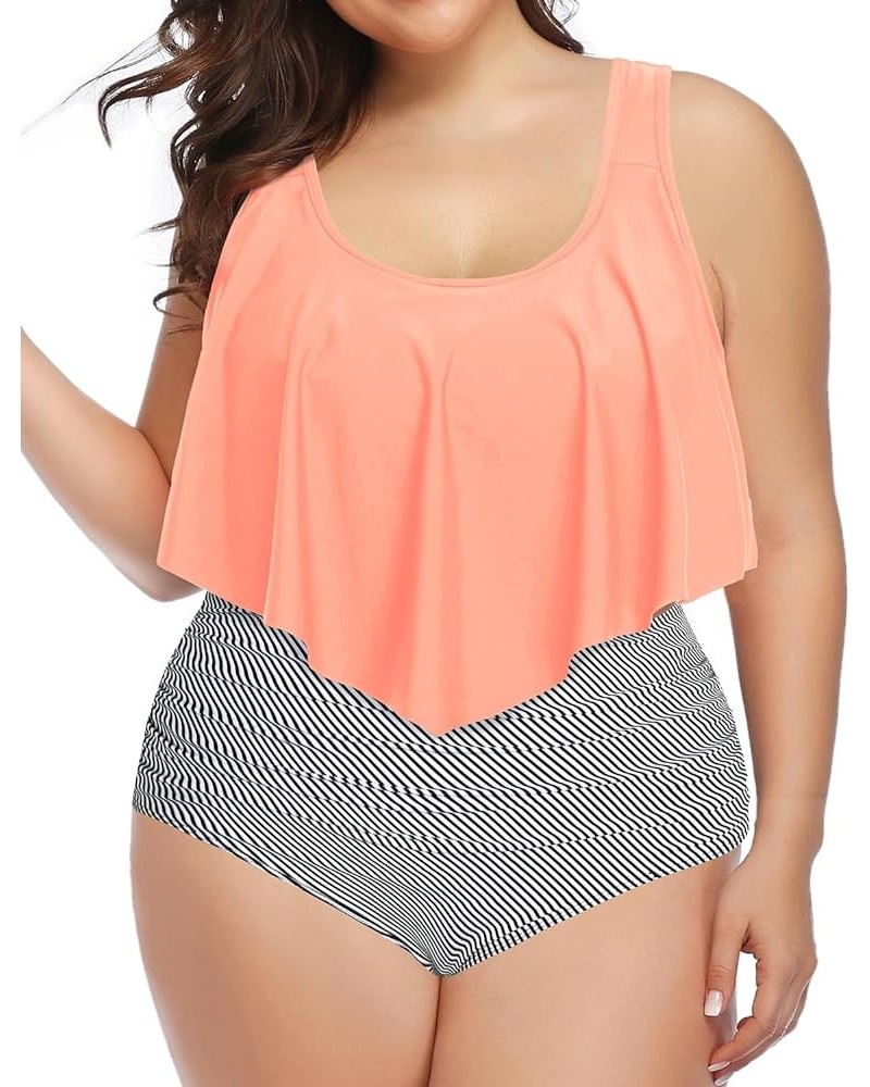 Two Piece Plus Size Swimsuit for Women High Waisted Bathing Suit Tummy Control Tankini Top Bikini Bottom Pink Stripe $16.06 S...