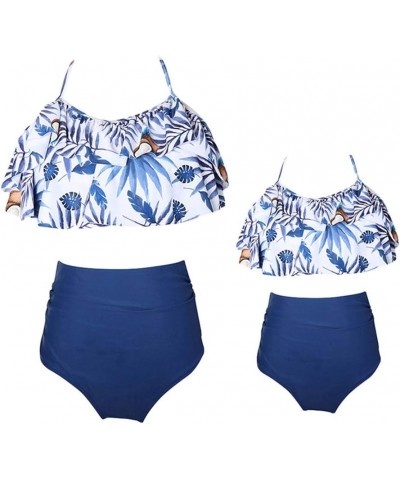 Mommy and Me Halter Ruffle Swimsuit Leaf Printed High Waisted Adjustable Straps Family Matching Bikini Set Blue Coconut $11.2...