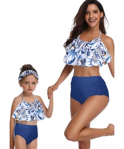 Mommy and Me Halter Ruffle Swimsuit Leaf Printed High Waisted Adjustable Straps Family Matching Bikini Set Blue Coconut $11.2...