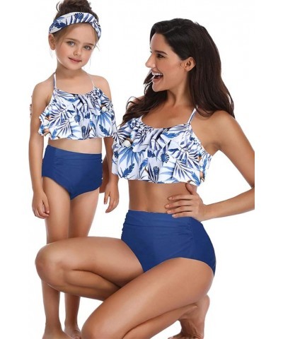 Mommy and Me Halter Ruffle Swimsuit Leaf Printed High Waisted Adjustable Straps Family Matching Bikini Set Blue Coconut $11.2...