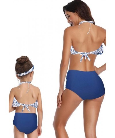 Mommy and Me Halter Ruffle Swimsuit Leaf Printed High Waisted Adjustable Straps Family Matching Bikini Set Blue Coconut $11.2...