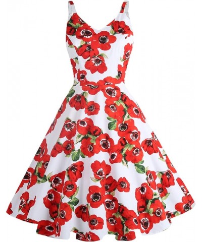 Women's 1950s Retro Vintage Spaghetti Strap Cocktail Swing Dresses with Pockets Red Camellias $18.01 Shoes