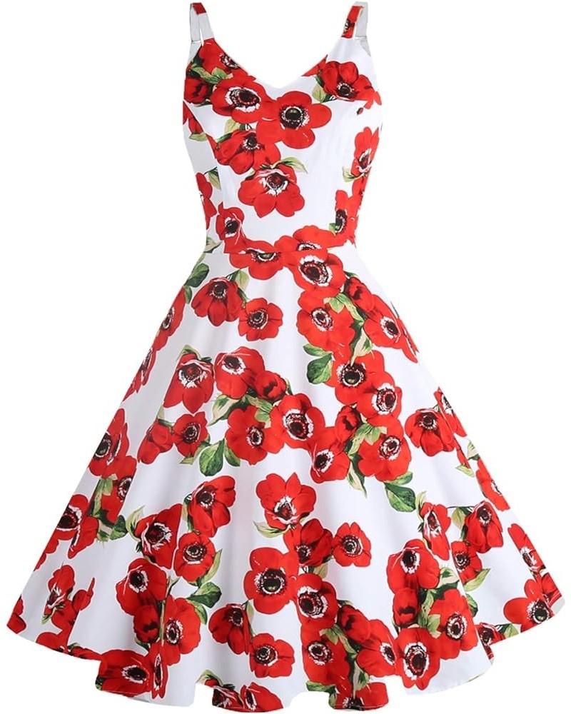 Women's 1950s Retro Vintage Spaghetti Strap Cocktail Swing Dresses with Pockets Red Camellias $18.01 Shoes