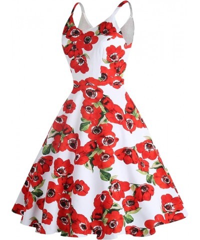 Women's 1950s Retro Vintage Spaghetti Strap Cocktail Swing Dresses with Pockets Red Camellias $18.01 Shoes