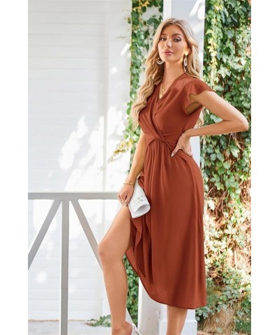 Womens Dresses Casual Ruffle Short Sleeves Chiffon Empire Waist Elastic V-Neck Wedding Guest A-Line Maxi Dress Brown $24.98 D...