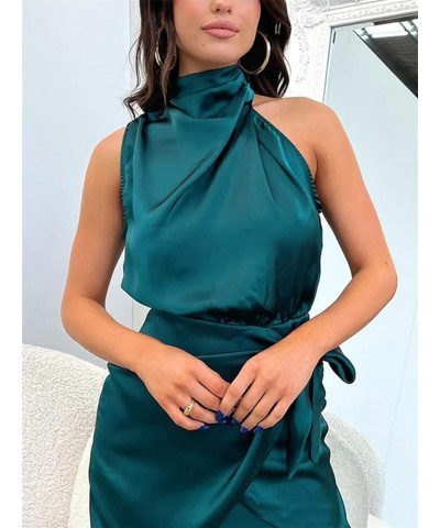 2024 Summer Women's Sexy Halter Neck Sleeveless Party Dress Slim Fit Cocktail Dresses Lake Blue $21.92 Dresses