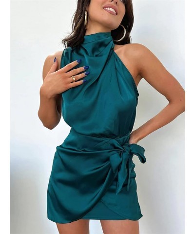 2024 Summer Women's Sexy Halter Neck Sleeveless Party Dress Slim Fit Cocktail Dresses Lake Blue $21.92 Dresses