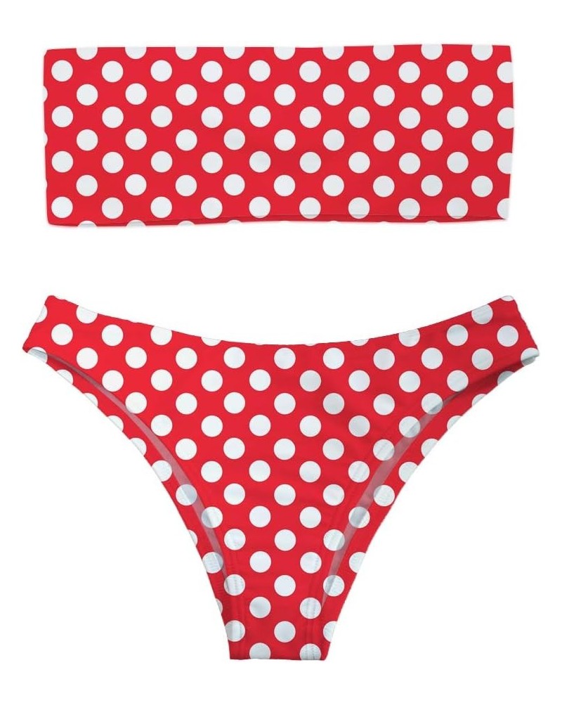 Women 2 Pieces Bandeau Bikini Swimsuit Off Shoulder High Waist Bathing Suit Red Polka Dot $11.25 Swimsuits