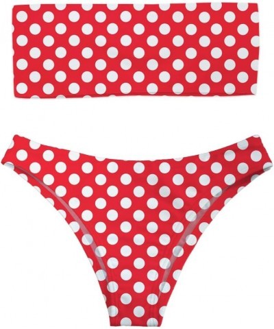 Women 2 Pieces Bandeau Bikini Swimsuit Off Shoulder High Waist Bathing Suit Red Polka Dot $11.25 Swimsuits