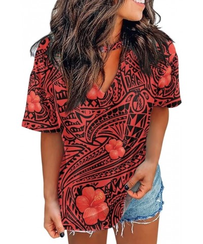 Womens Summer Tops Casual Polynesian Floral Short Sleeve Hawaii Beach Tee T Shirts Red Hibiscus $10.19 T-Shirts