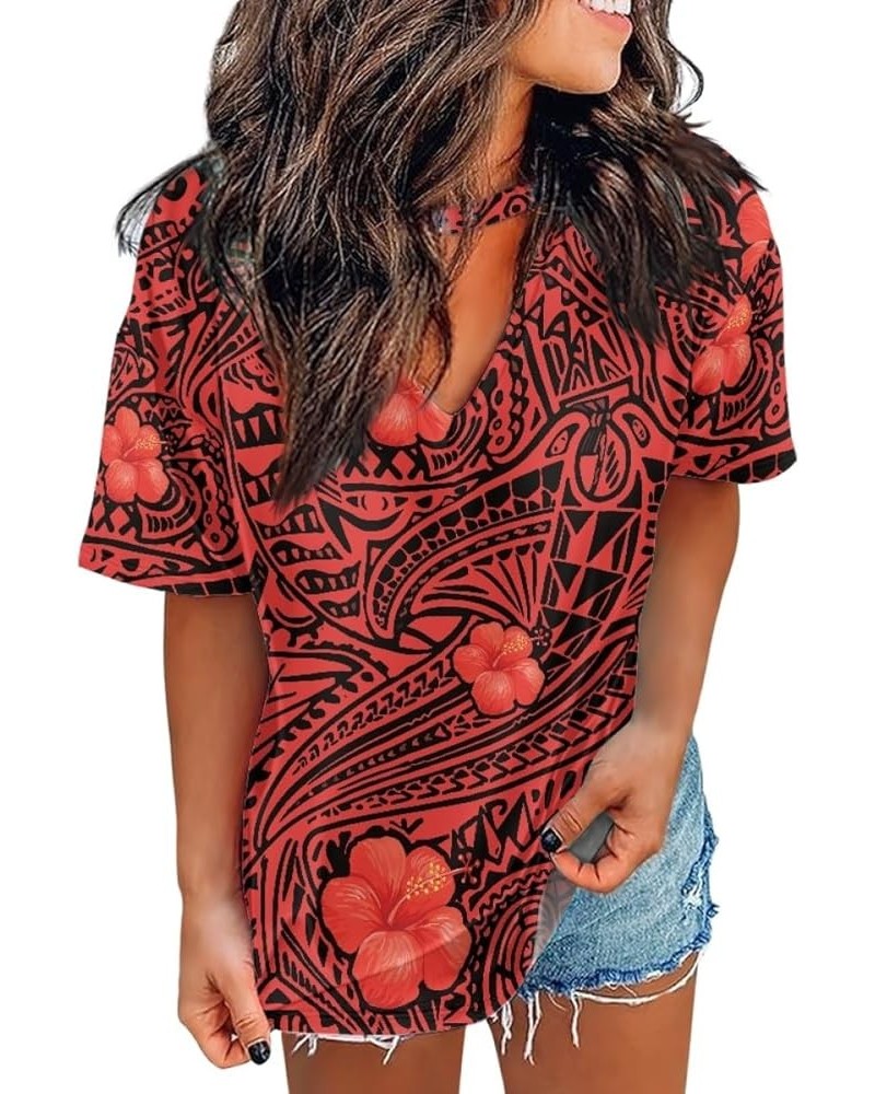 Womens Summer Tops Casual Polynesian Floral Short Sleeve Hawaii Beach Tee T Shirts Red Hibiscus $10.19 T-Shirts