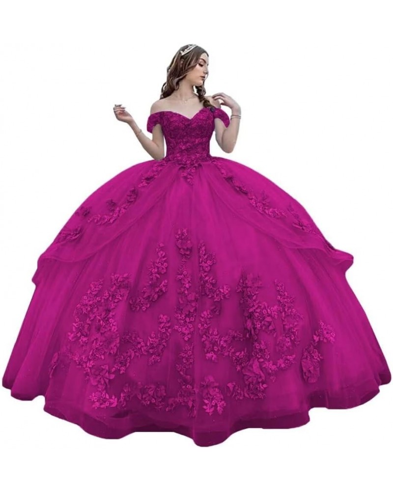 3D Floral Quinceanera Dresses Ball Gown Puffy Sparkly Tulle Sweet 16 Dresses Off Shoulder Lace Princess Dress Y120 Fuchsia $5...