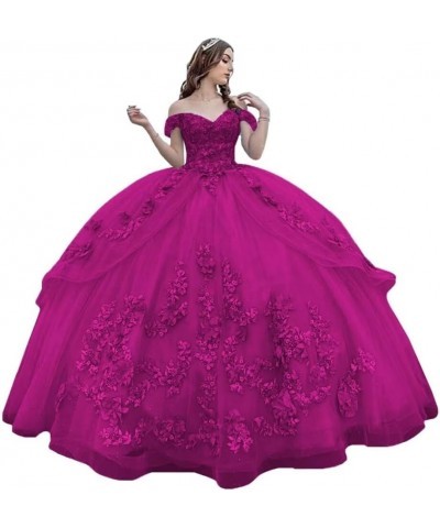 3D Floral Quinceanera Dresses Ball Gown Puffy Sparkly Tulle Sweet 16 Dresses Off Shoulder Lace Princess Dress Y120 Fuchsia $5...