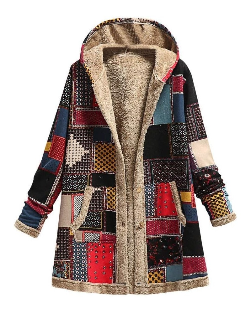 Women's Button Up Sherpa Fleece Jackets Ethnic Overcoat Linen Patchwork Hooded Winter Coats Outerwear with Pocket Red Coat $1...