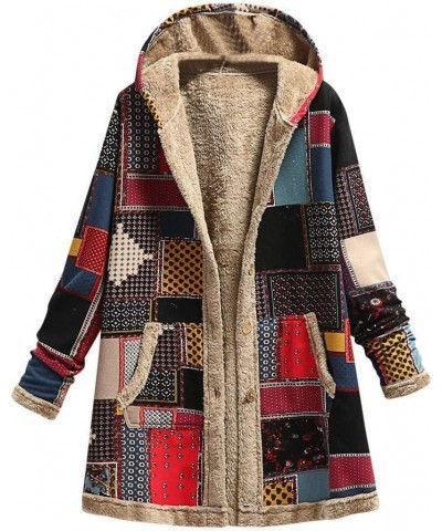 Women's Button Up Sherpa Fleece Jackets Ethnic Overcoat Linen Patchwork Hooded Winter Coats Outerwear with Pocket Red Coat $1...