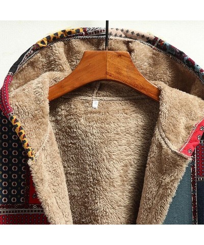 Women's Button Up Sherpa Fleece Jackets Ethnic Overcoat Linen Patchwork Hooded Winter Coats Outerwear with Pocket Red Coat $1...