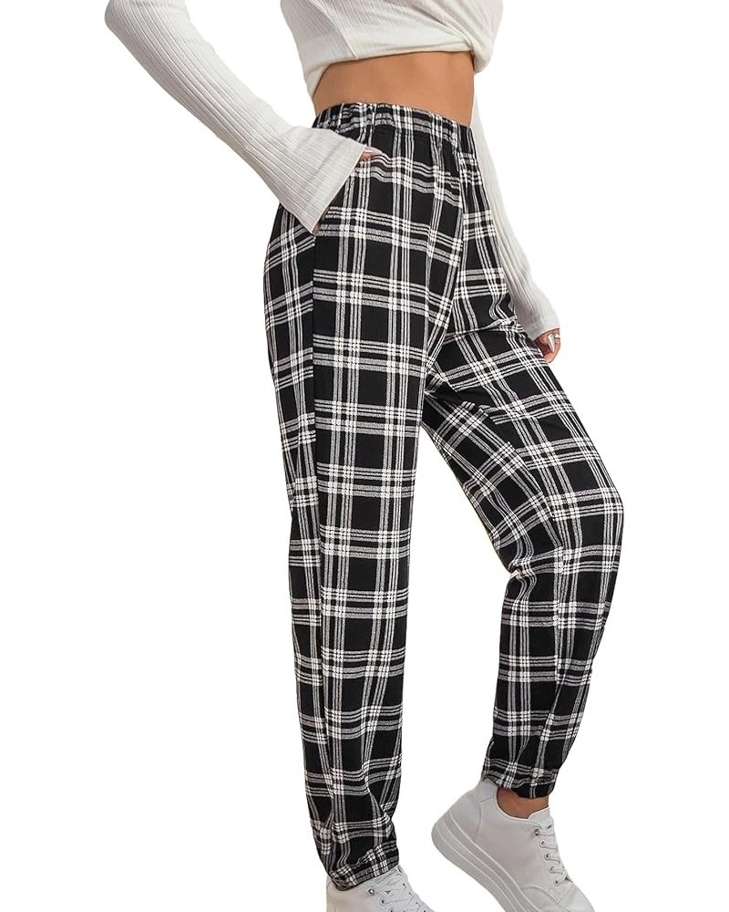 Women's Casual Plaid Print Pants High Waist Wide Leg Pleated Trouser Pants Black Plaid $23.50 Pants