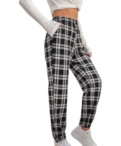 Women's Casual Plaid Print Pants High Waist Wide Leg Pleated Trouser Pants Black Plaid $23.50 Pants