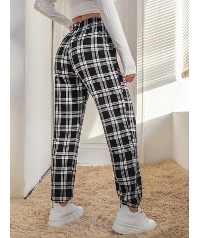 Women's Casual Plaid Print Pants High Waist Wide Leg Pleated Trouser Pants Black Plaid $23.50 Pants