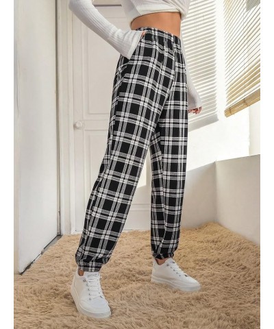 Women's Casual Plaid Print Pants High Waist Wide Leg Pleated Trouser Pants Black Plaid $23.50 Pants