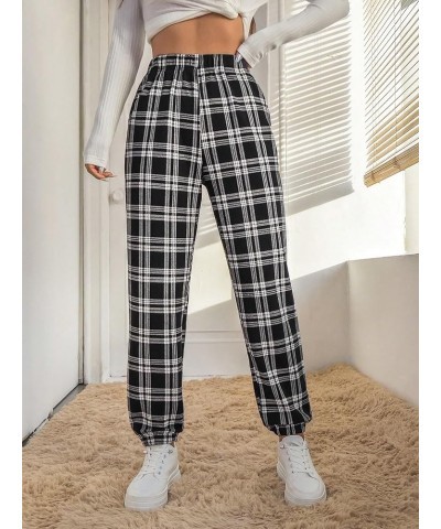 Women's Casual Plaid Print Pants High Waist Wide Leg Pleated Trouser Pants Black Plaid $23.50 Pants