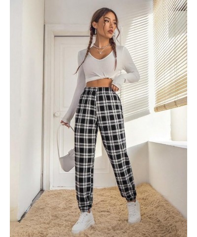 Women's Casual Plaid Print Pants High Waist Wide Leg Pleated Trouser Pants Black Plaid $23.50 Pants