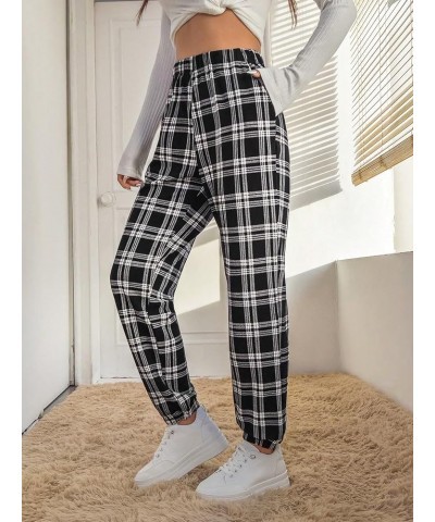 Women's Casual Plaid Print Pants High Waist Wide Leg Pleated Trouser Pants Black Plaid $23.50 Pants