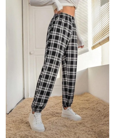 Women's Casual Plaid Print Pants High Waist Wide Leg Pleated Trouser Pants Black Plaid $23.50 Pants