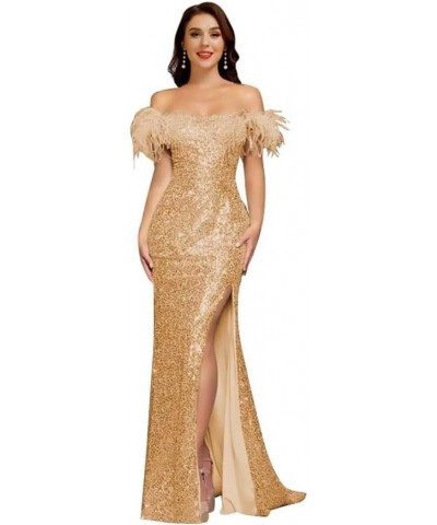 Feather Sequin Prom Dresses 2024 Off Shoulder Mermaid Formal Evening Party Gown Slit Wedding Dress Champagne $45.39 Dresses