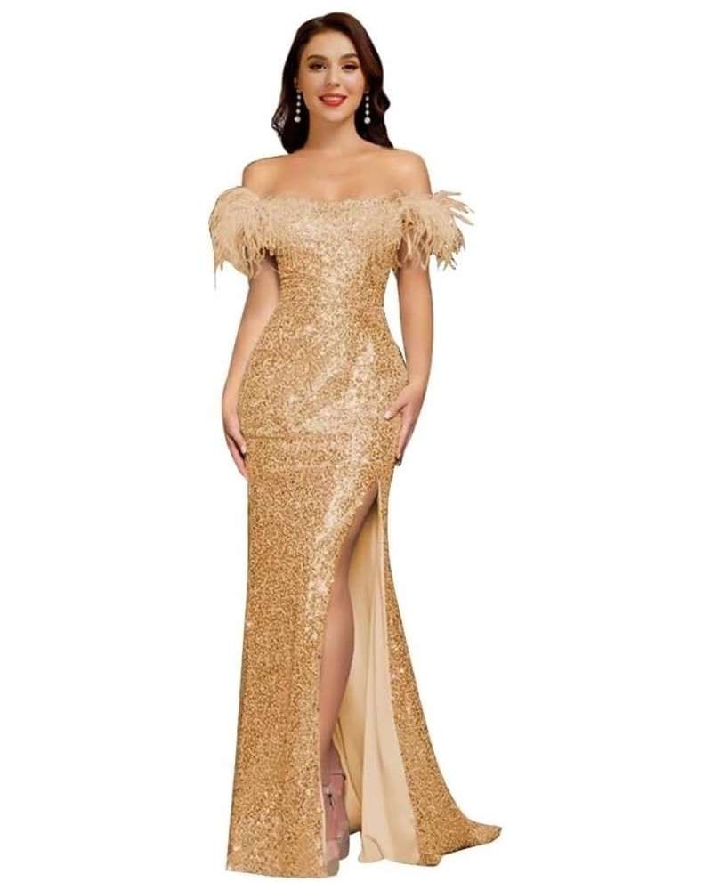 Feather Sequin Prom Dresses 2024 Off Shoulder Mermaid Formal Evening Party Gown Slit Wedding Dress Champagne $45.39 Dresses