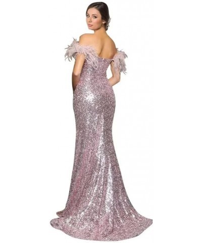 Feather Sequin Prom Dresses 2024 Off Shoulder Mermaid Formal Evening Party Gown Slit Wedding Dress Champagne $45.39 Dresses