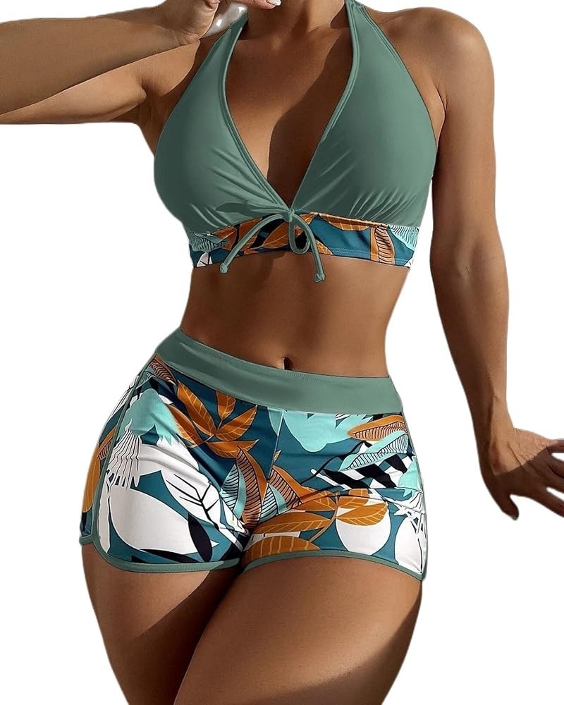 Women Two Piece Swimsuit Bathing Suits Floral Tropical High Waisted Beachwear Board Shorts Halter Tops Olive Green $11.00 Swi...