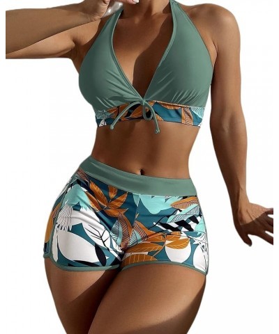 Women Two Piece Swimsuit Bathing Suits Floral Tropical High Waisted Beachwear Board Shorts Halter Tops Olive Green $11.00 Swi...