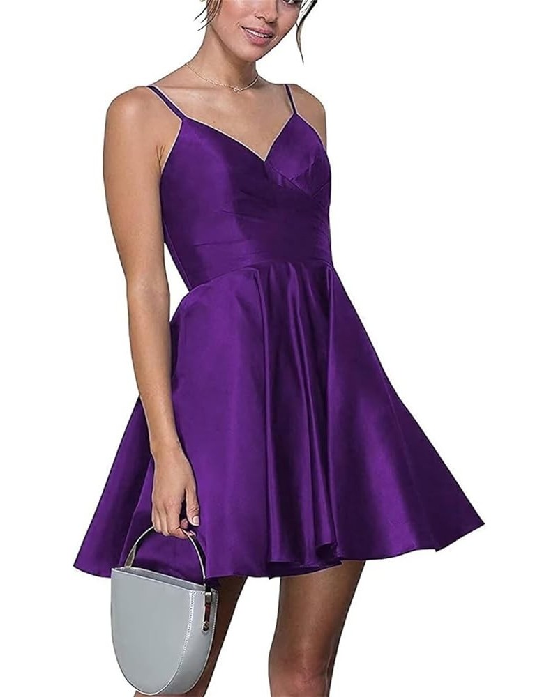 V Neck Satin Homecoming Dress with Pocket Ruched A Line Prom Dress for Teens Spaghetti Straps Mini Party Dress Purple $32.99 ...