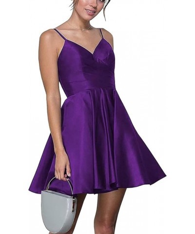 V Neck Satin Homecoming Dress with Pocket Ruched A Line Prom Dress for Teens Spaghetti Straps Mini Party Dress Purple $32.99 ...