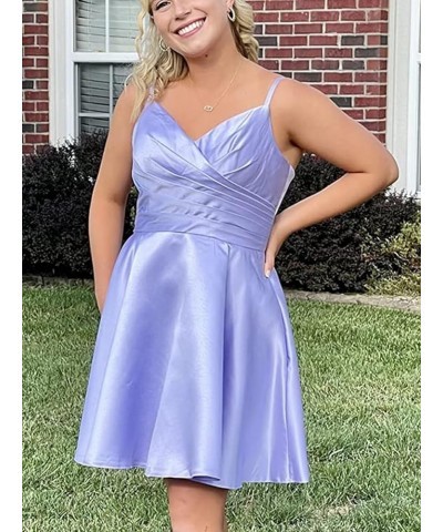 V Neck Satin Homecoming Dress with Pocket Ruched A Line Prom Dress for Teens Spaghetti Straps Mini Party Dress Purple $32.99 ...