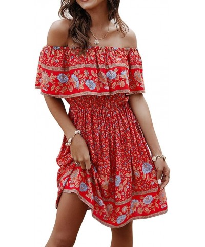 Off Shoulder Boho Floral Swing Mini Dress Summer Strapless Pleated Short Dress Red $19.07 Dresses