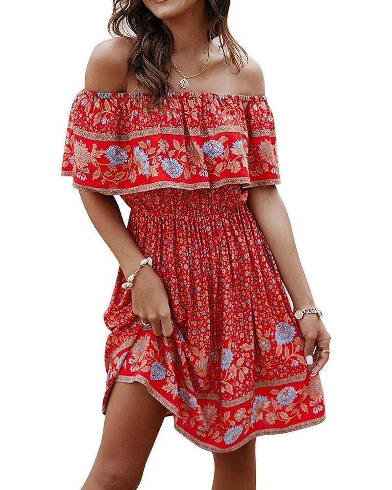 Off Shoulder Boho Floral Swing Mini Dress Summer Strapless Pleated Short Dress Red $19.07 Dresses