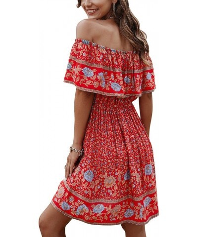 Off Shoulder Boho Floral Swing Mini Dress Summer Strapless Pleated Short Dress Red $19.07 Dresses