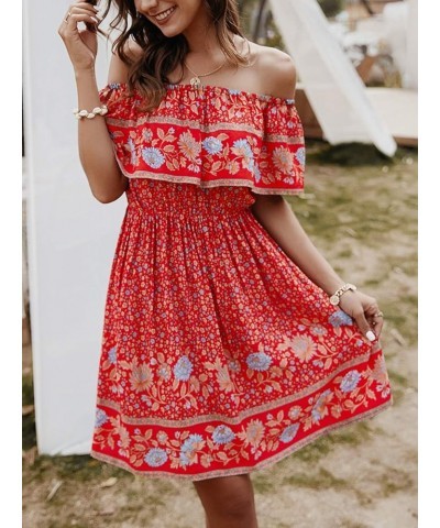 Off Shoulder Boho Floral Swing Mini Dress Summer Strapless Pleated Short Dress Red $19.07 Dresses